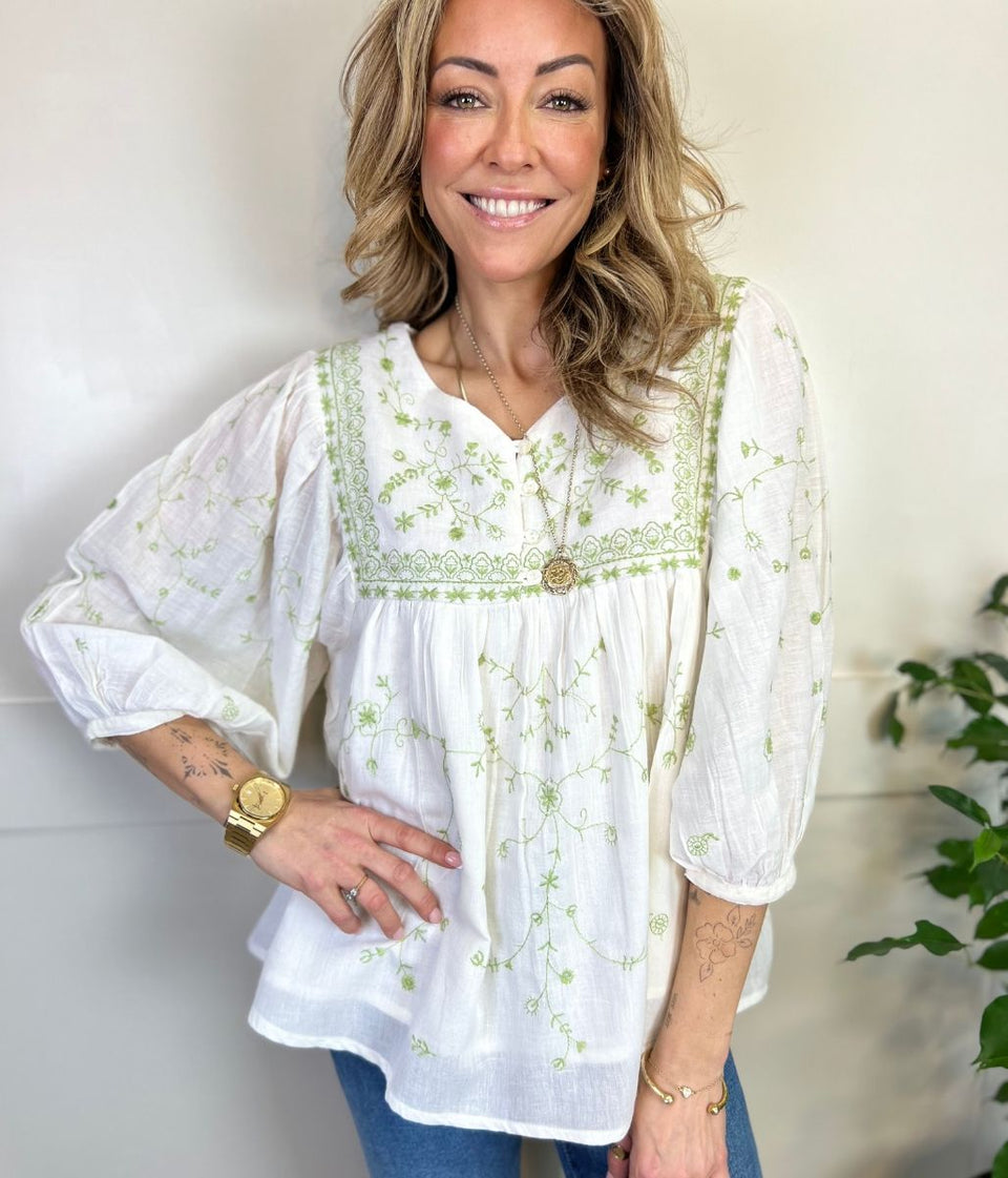 Ivory Green Embroidered Boho Blouse