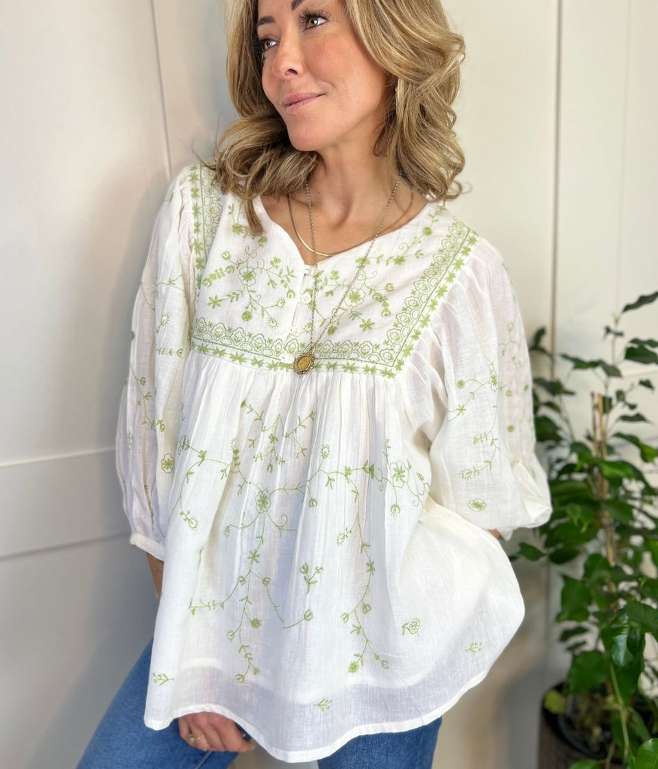 Ivory Green Embroidered Boho Blouse