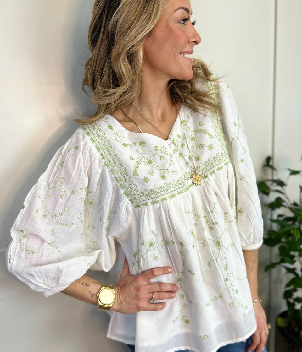 Ivory Green Embroidered Boho Blouse