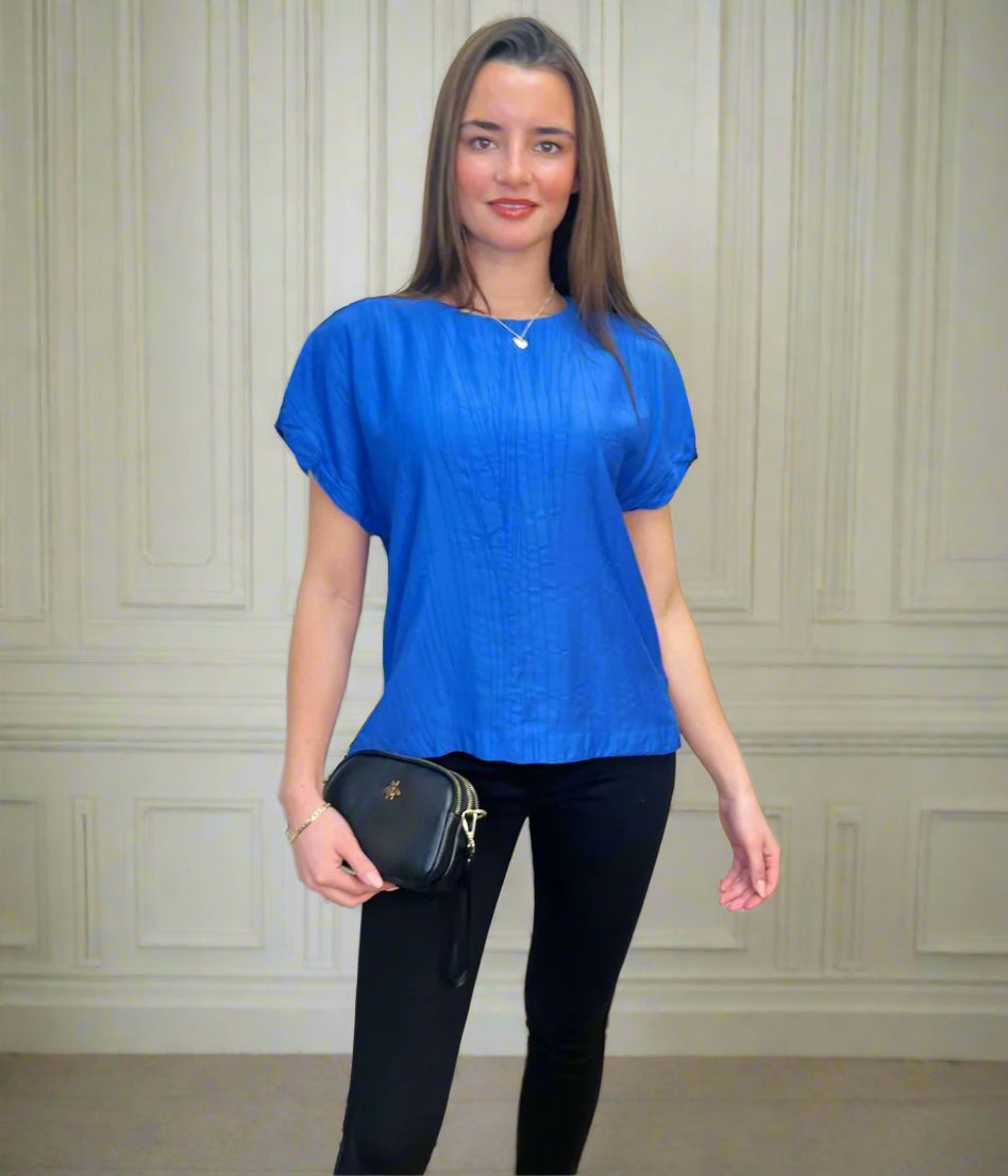 Blue Short Sleeve Textured Blouse