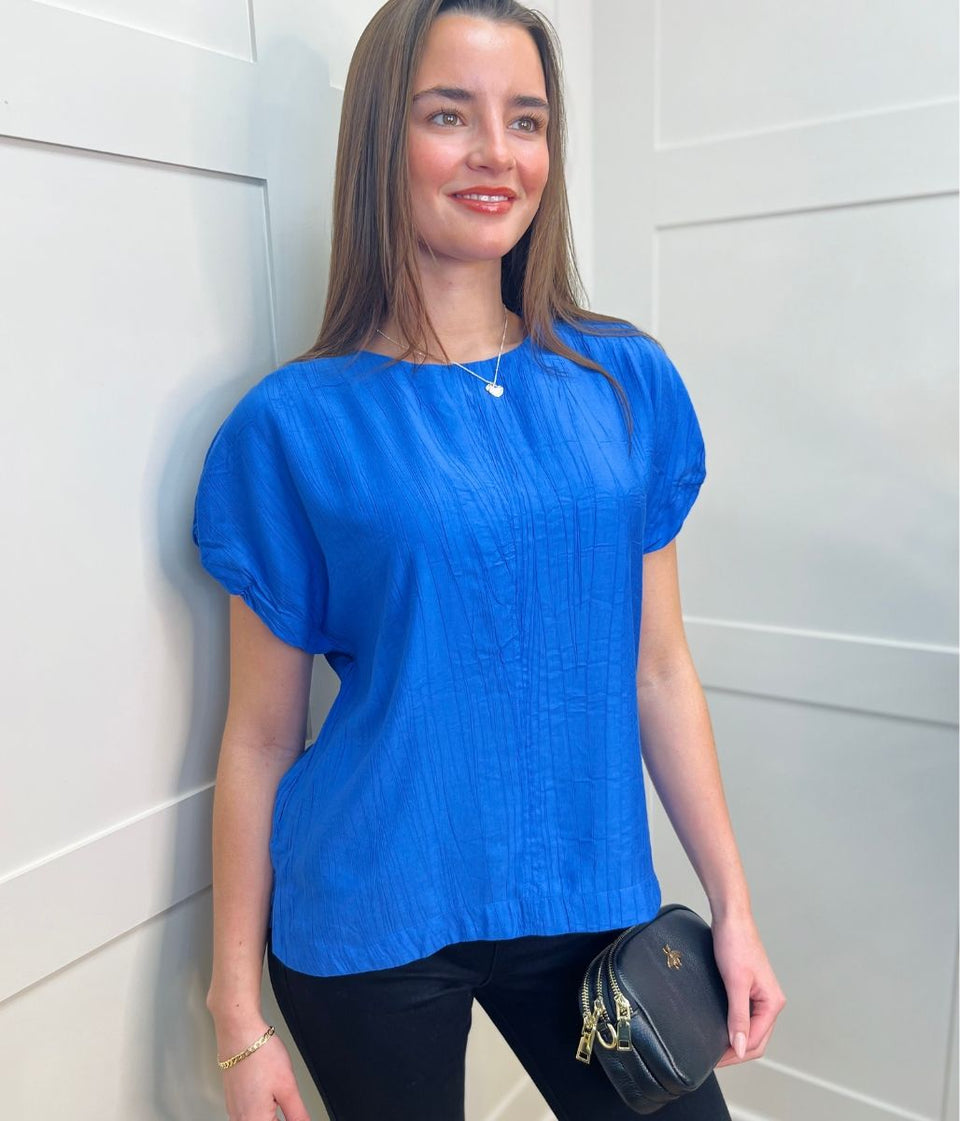 Blue Short Sleeve Textured Blouse