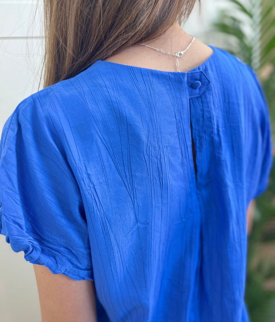 Blue Short Sleeve Textured Blouse