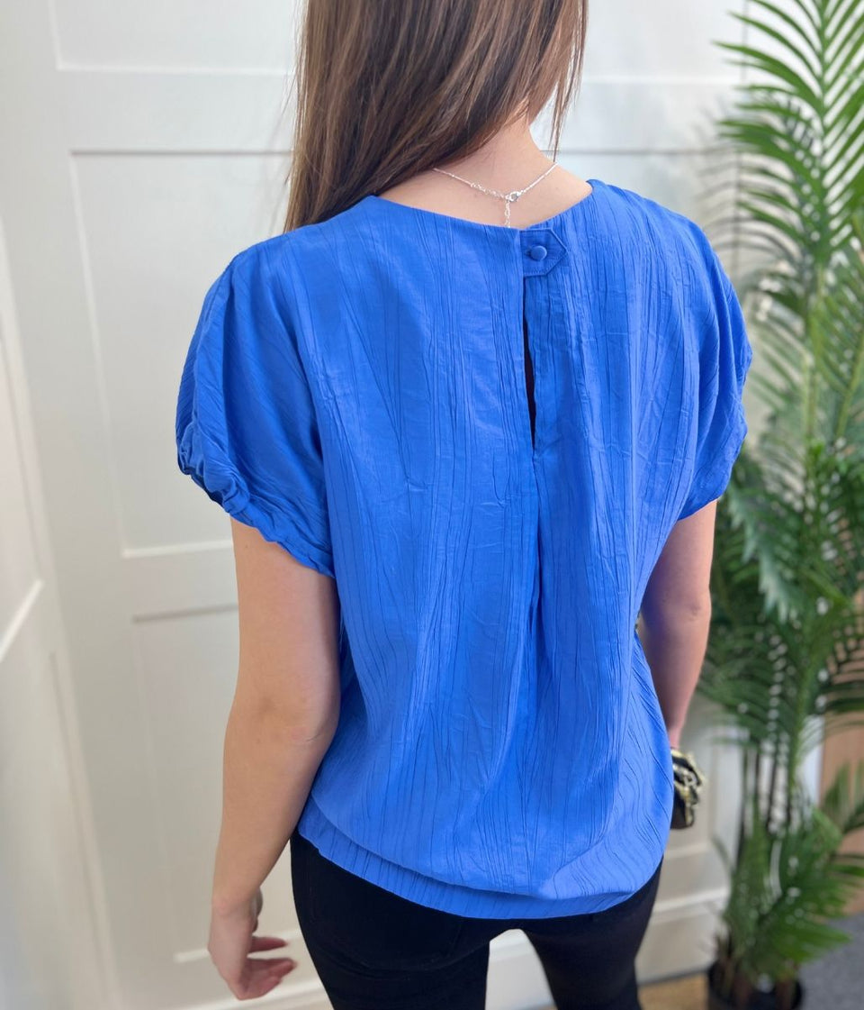 Blue Short Sleeve Textured Blouse