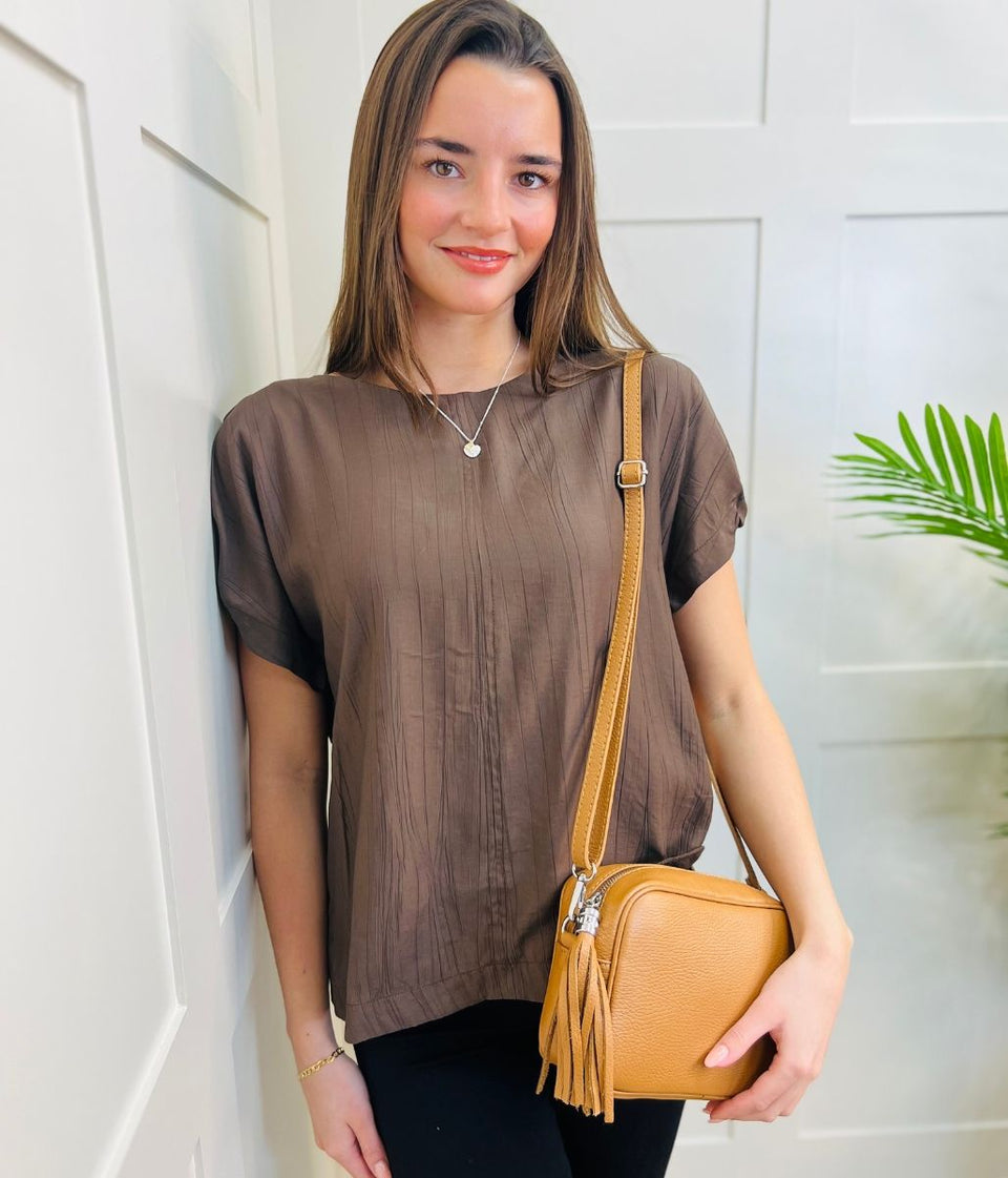 Brown Short Sleeve Textured Blouse