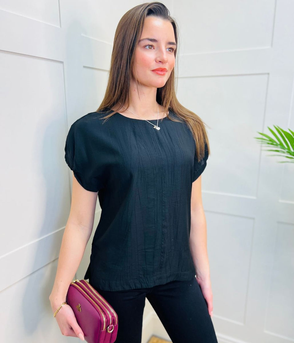 Black Short Sleeve Textured Blouse