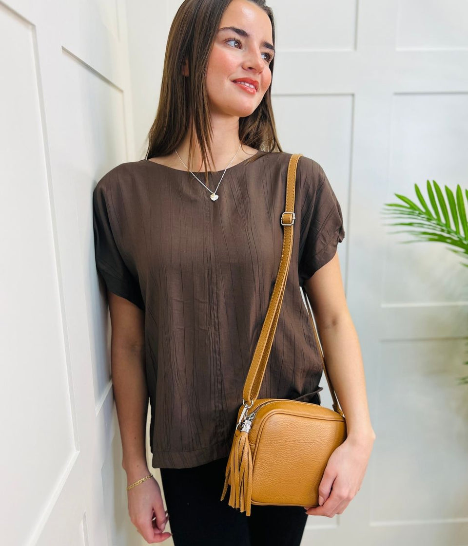 Brown Short Sleeve Textured Blouse