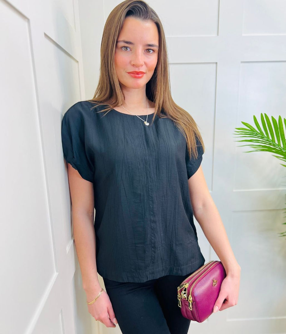 Black Short Sleeve Textured Blouse