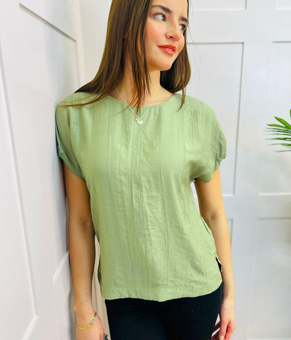 Khaki Short Sleeve Textured Blouse