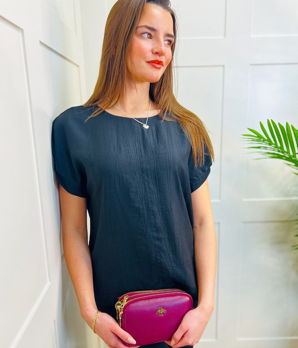 Black Short Sleeve Textured Blouse