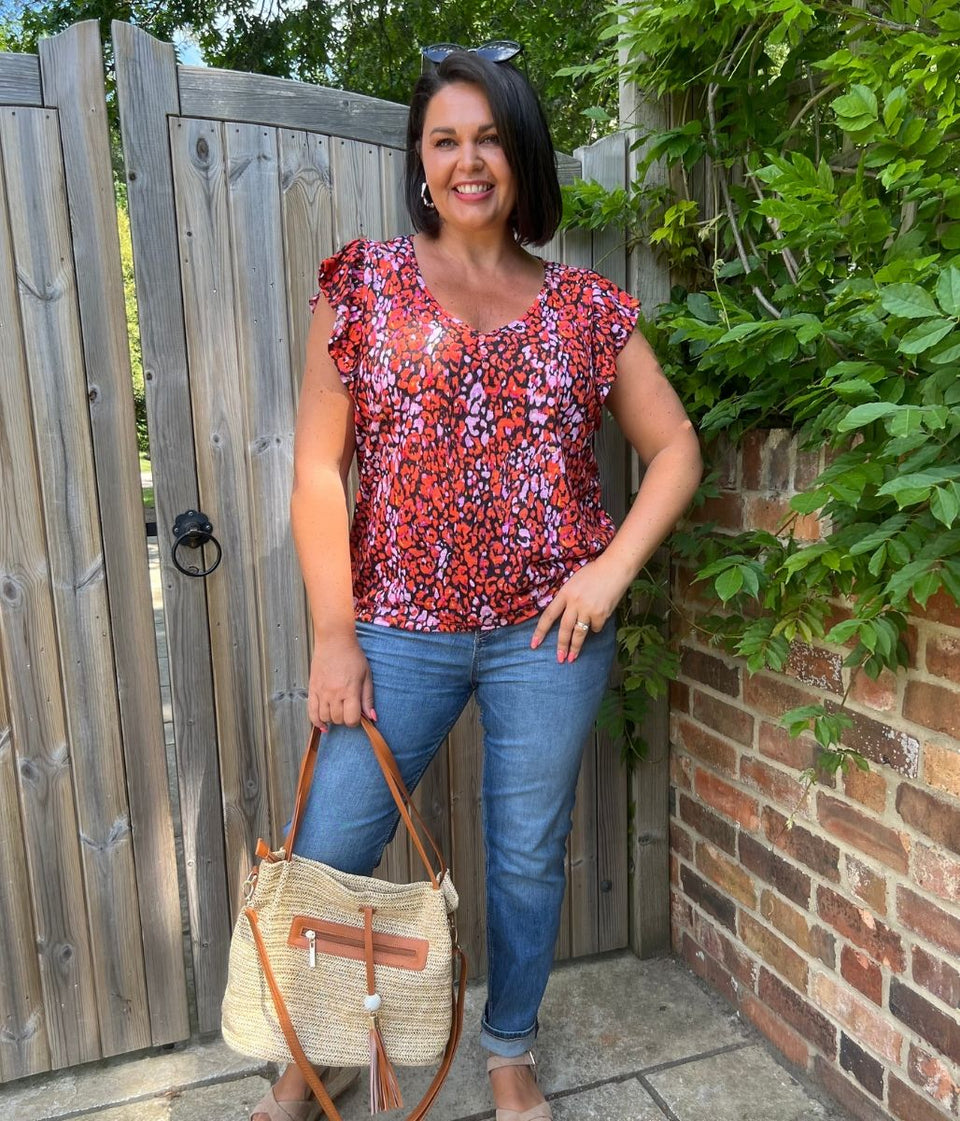 Red Print Frill Sleeve Top