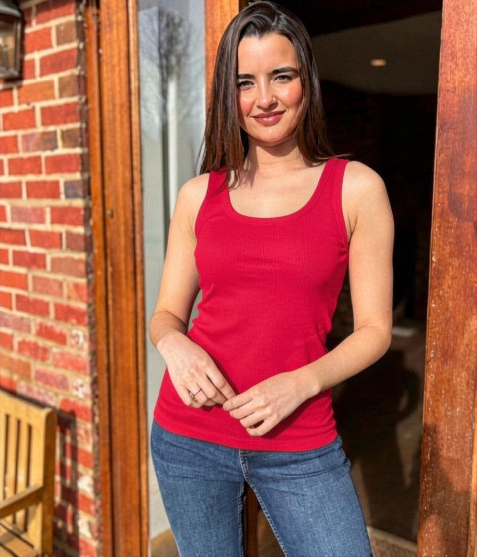 Cerise Scoop Neck Ribbed Vest Top