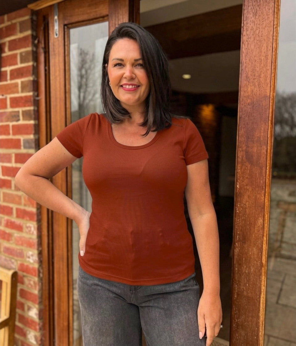 Rust Ribbed Scoop Neck T Shirt