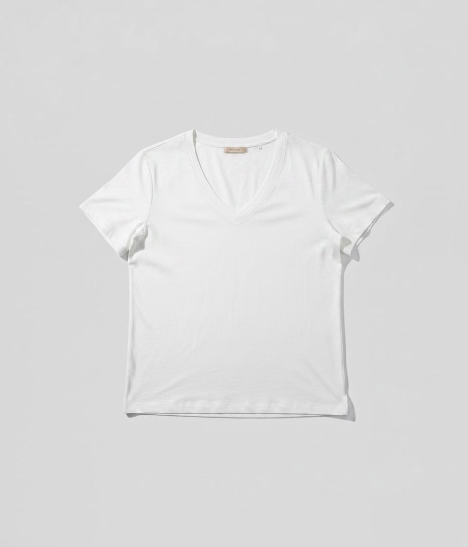 White Cotton Modal Slouch V-Neck T-Shirt
