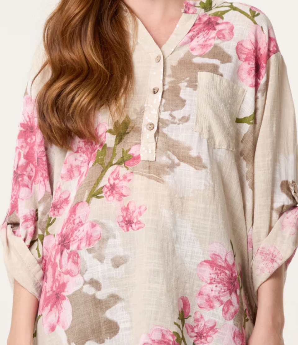 Stone Floral Sequin Pocket Roll Sleeve Top
