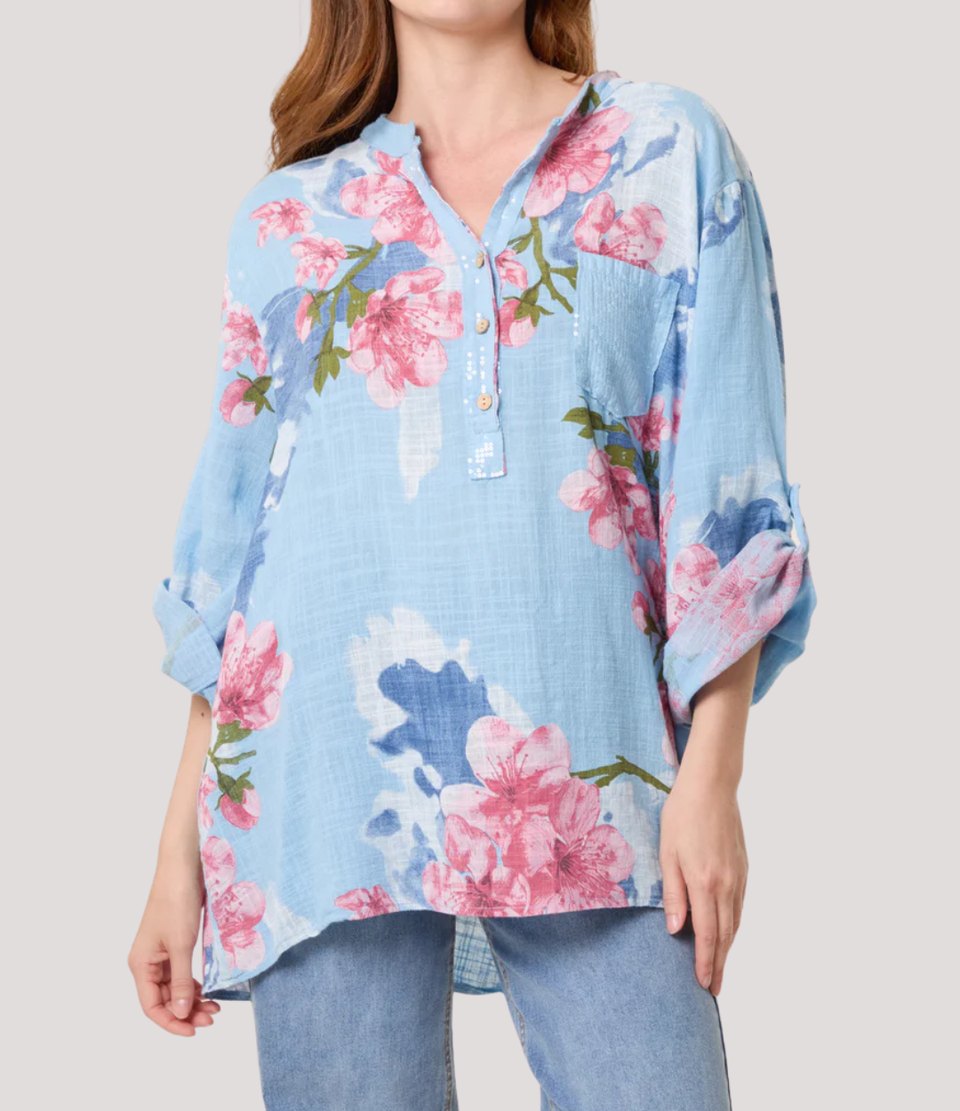 Blue Floral Sequin Pocket Roll Sleeve Top