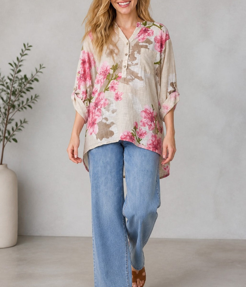 Stone Floral Sequin Pocket Roll Sleeve Top