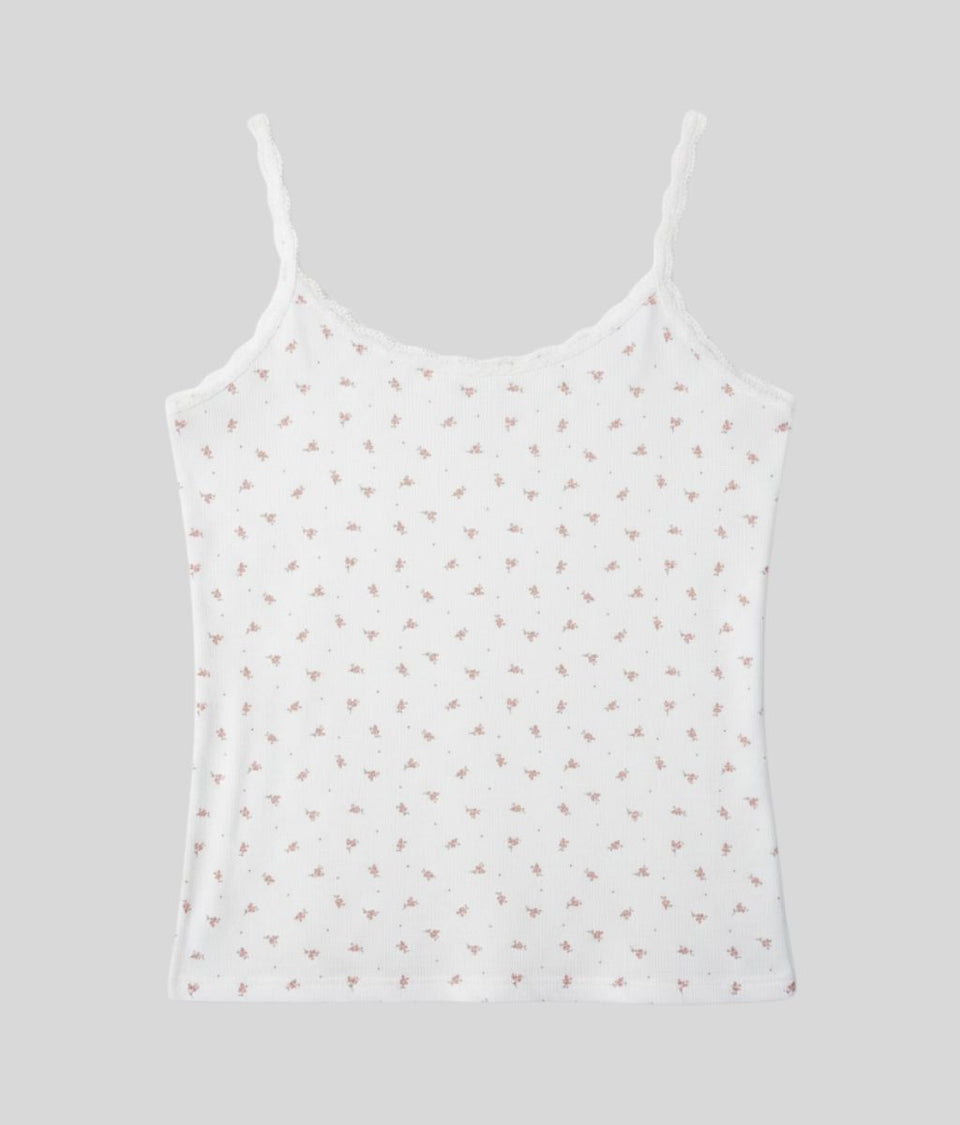 White Print Lace Trim Cami Top