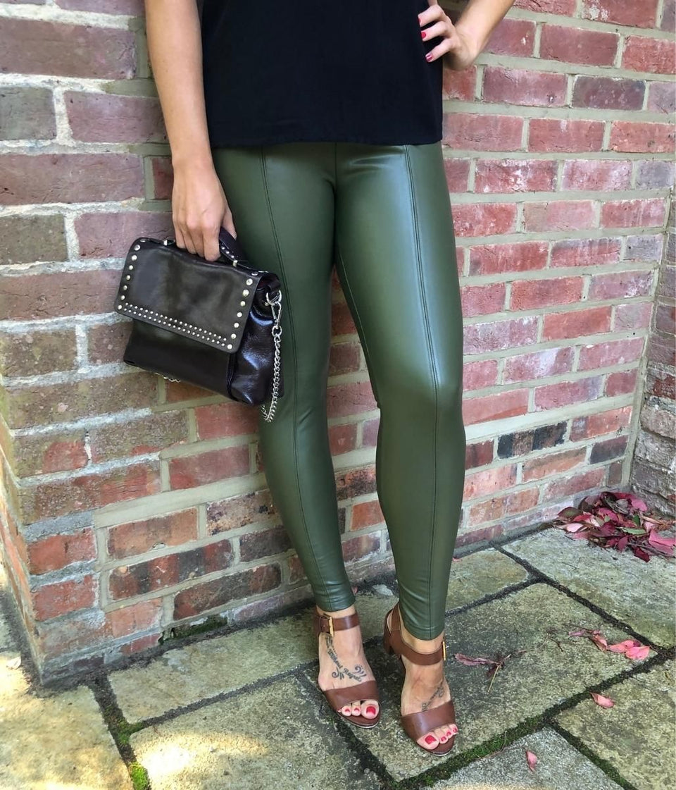 Khaki Leather Look Leggings