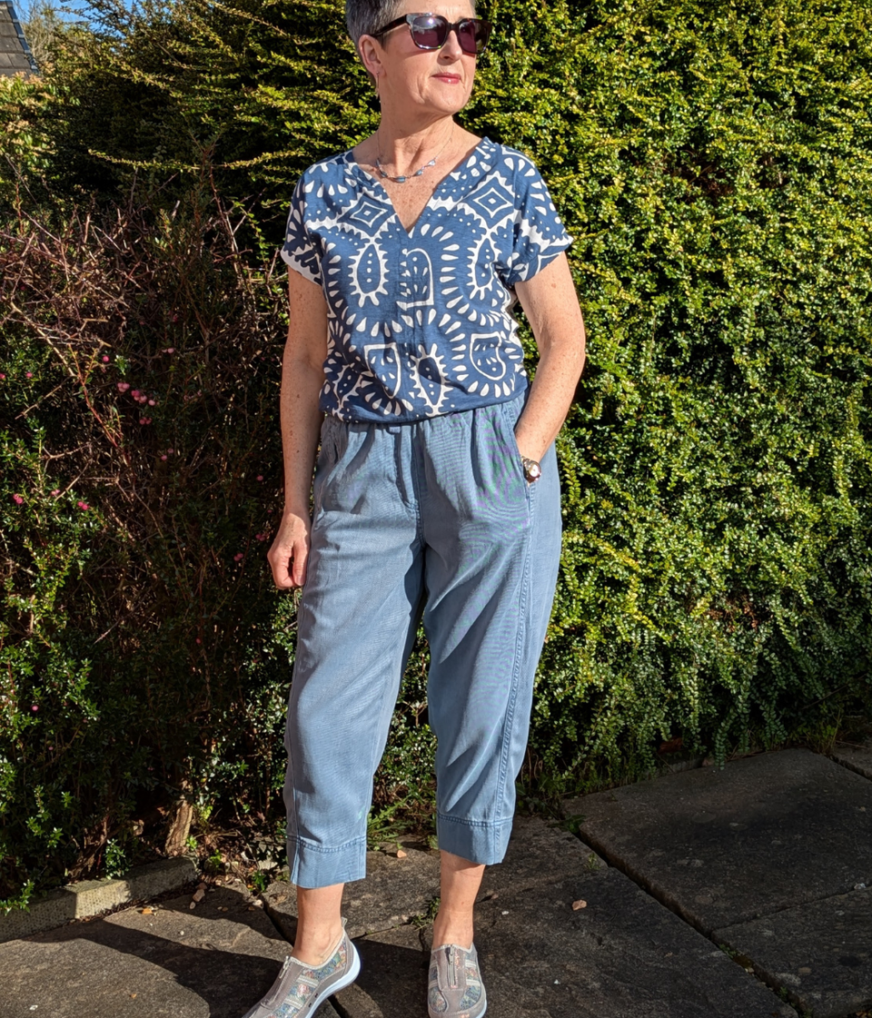 Blue Cropped Barrel Tencel Trousers