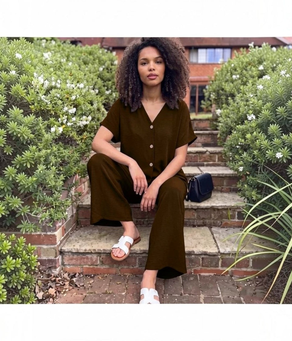 Brown Button Through Shirt & Wide Leg Trouser Co ord