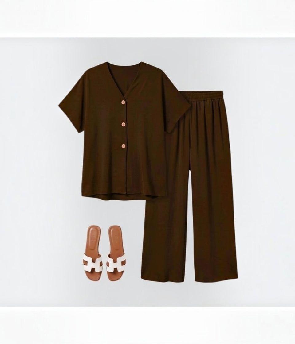 Brown Button Through Shirt & Wide Leg Trouser Co ord