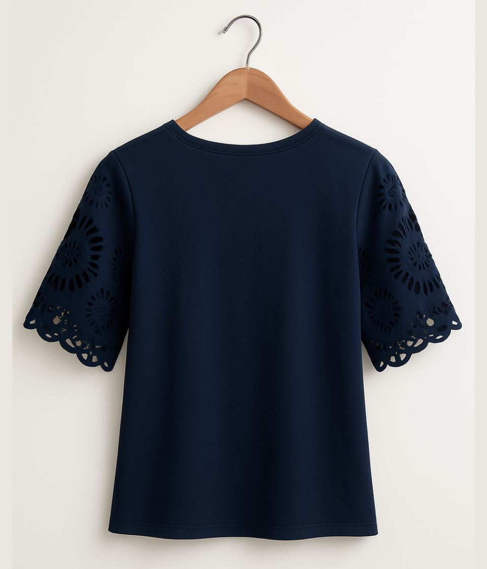 Navy Anglaise Detail Sleeve Cotton Top