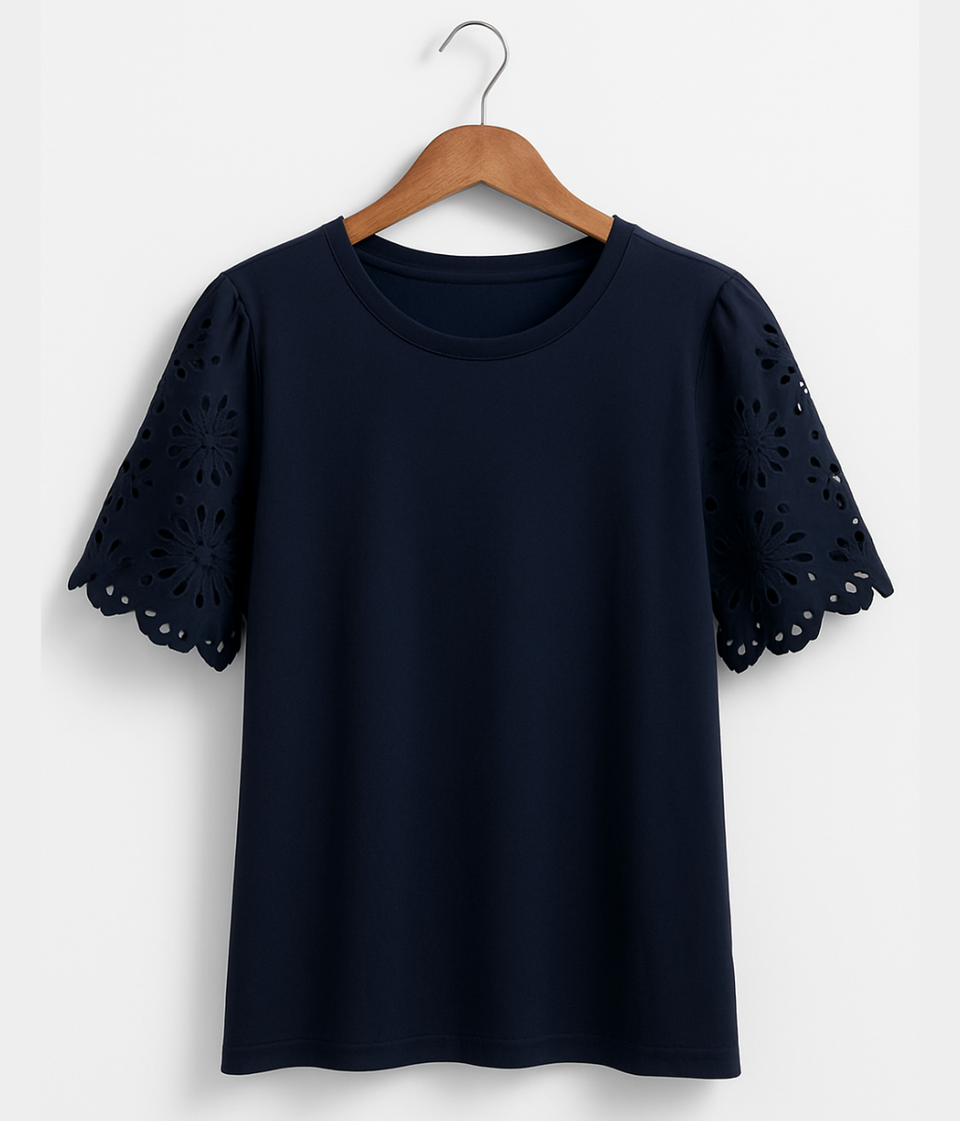 Navy Anglaise Detail Sleeve Cotton Top