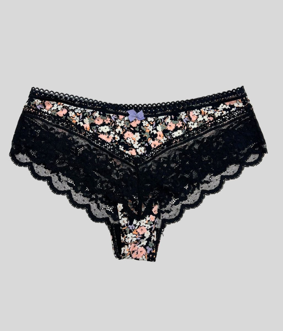 Black Floral Lace Trim Midi Briefs