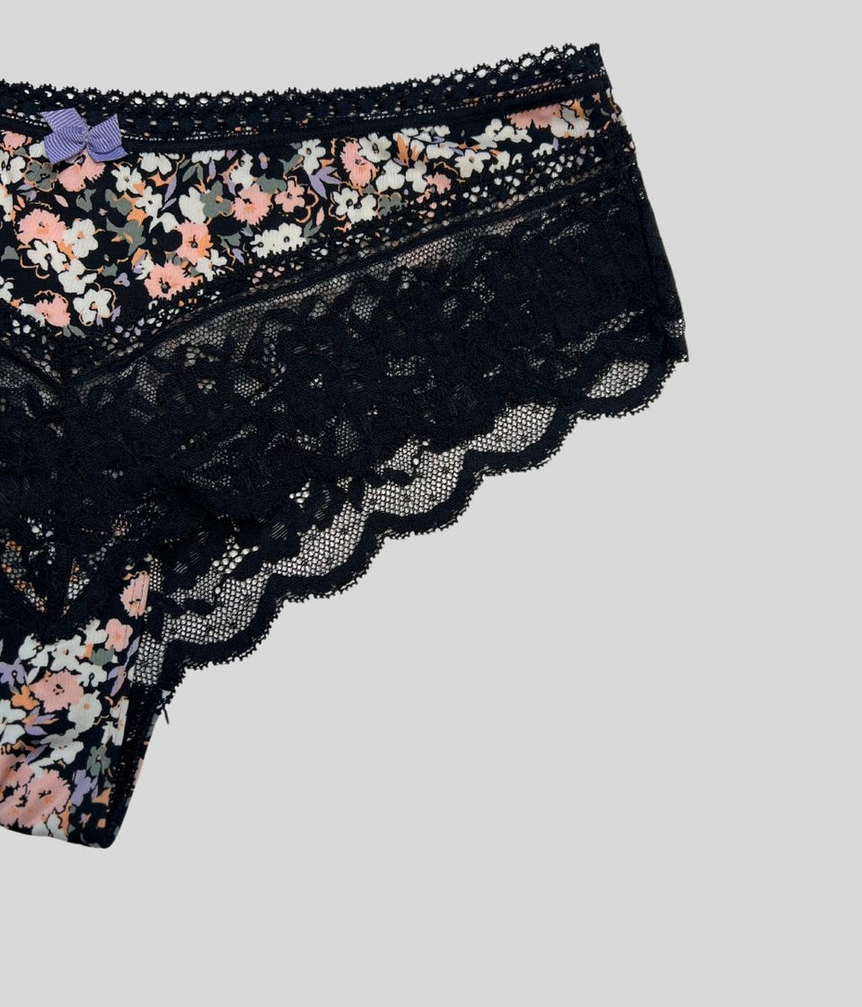 Black Floral Lace Trim Midi Briefs