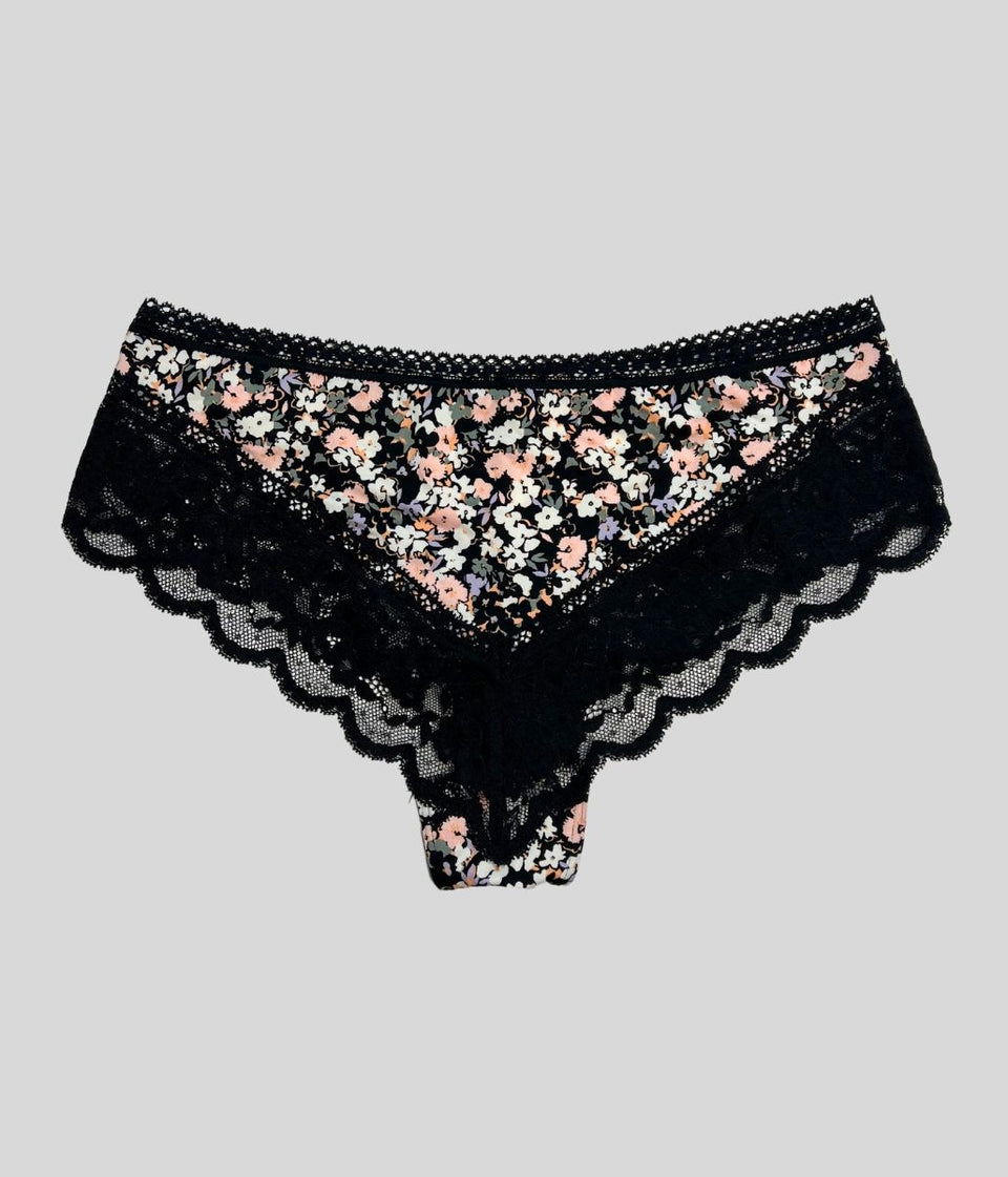 Black Floral Lace Trim Midi Briefs