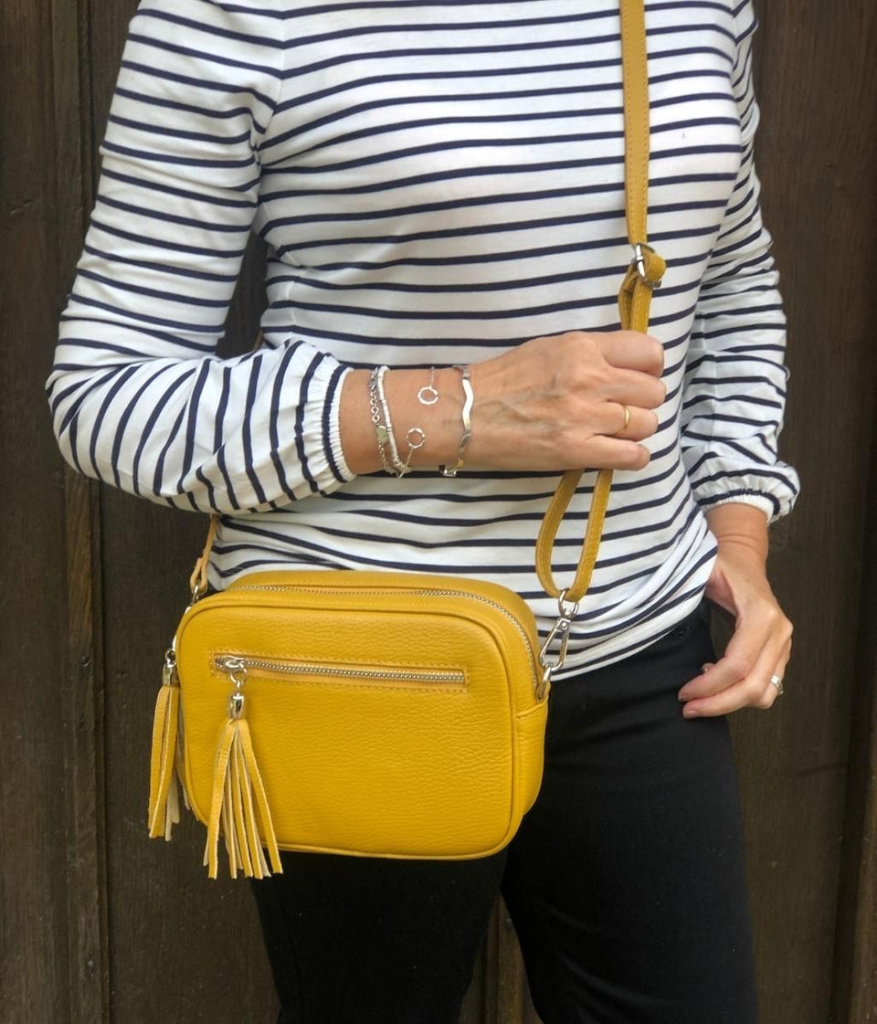 Mustard Leather Tassel Crossbody Camera Bag