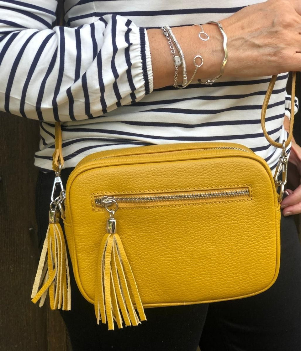 Mustard Leather Tassel Crossbody Camera Bag