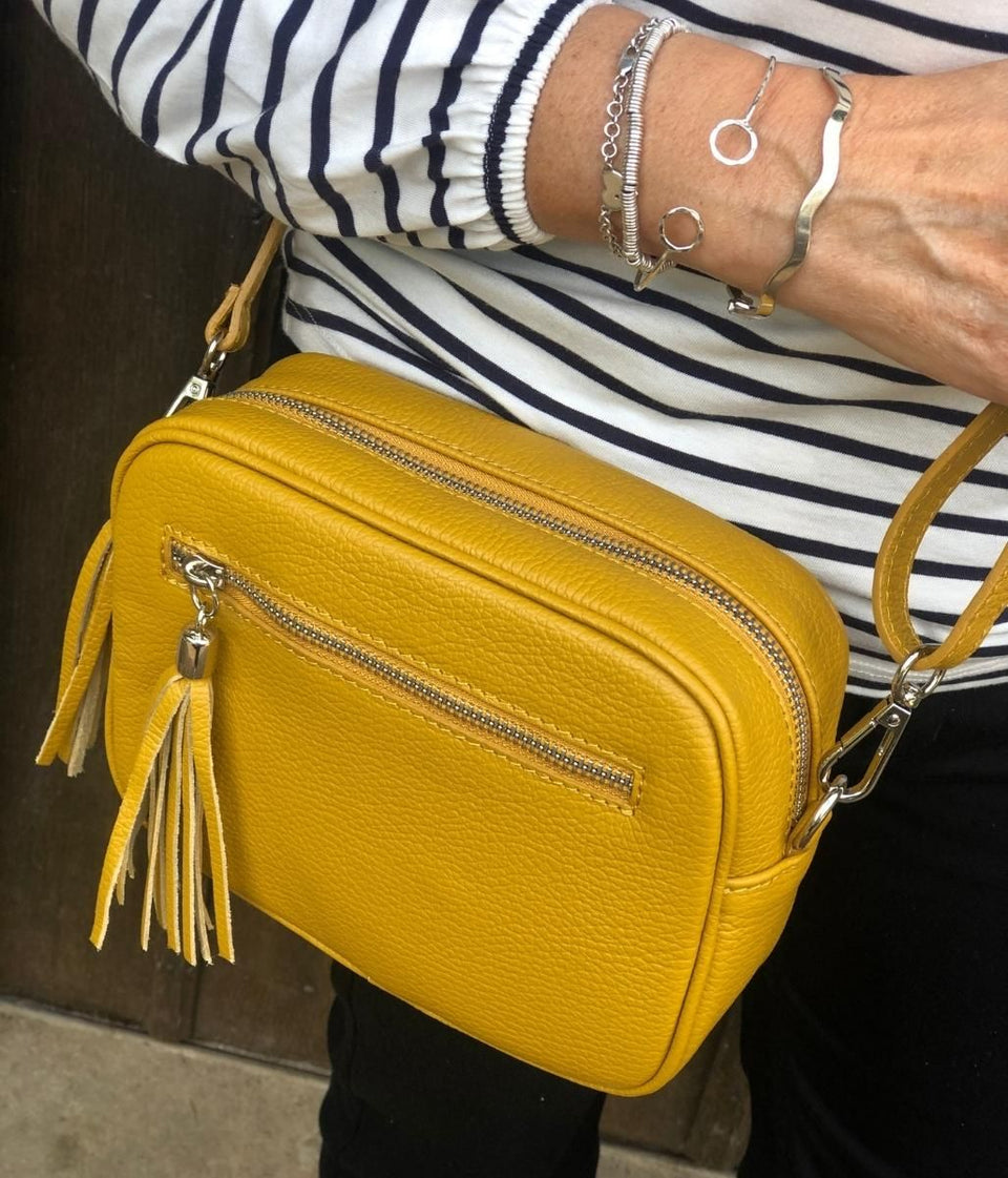 Mustard Leather Tassel Crossbody Camera Bag