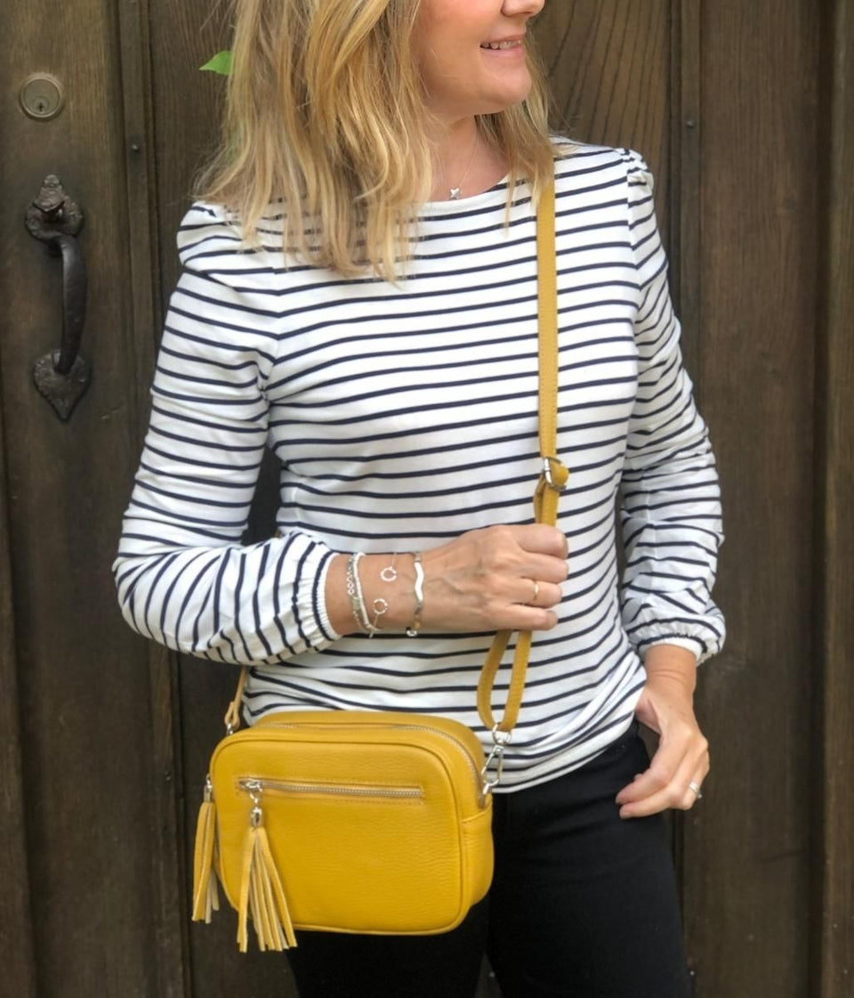 Mustard Leather Tassel Crossbody Camera Bag