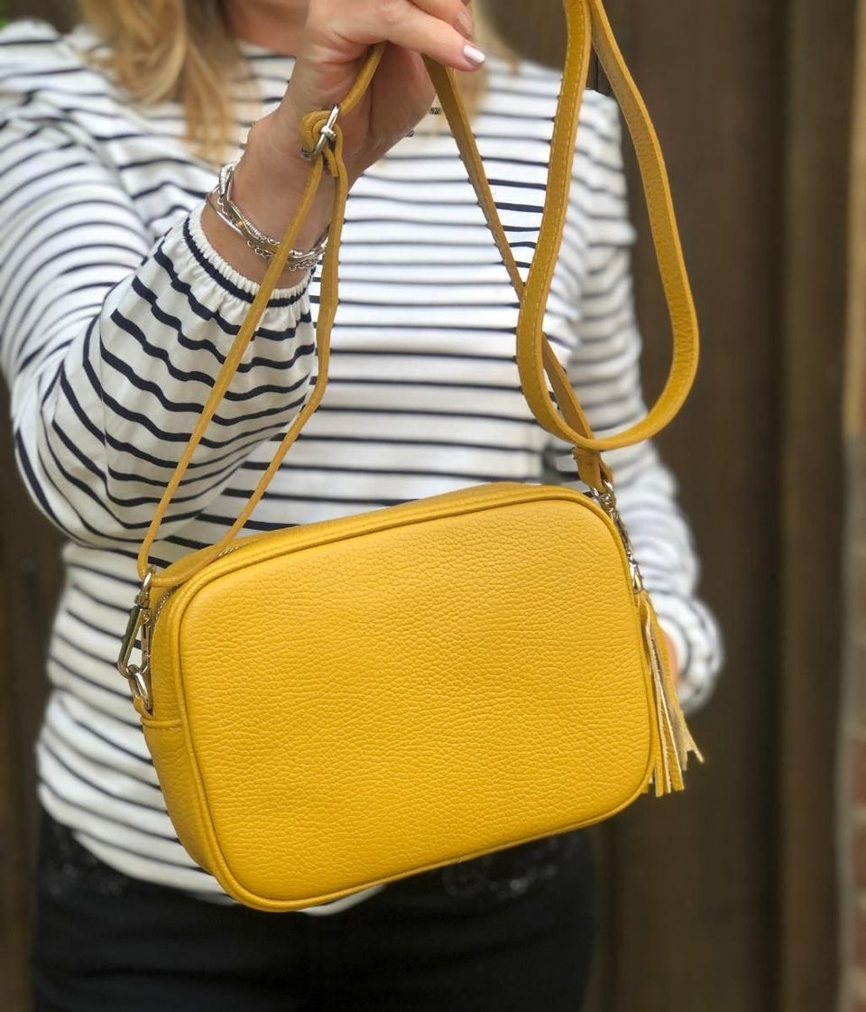 Mustard Leather Tassel Crossbody Camera Bag