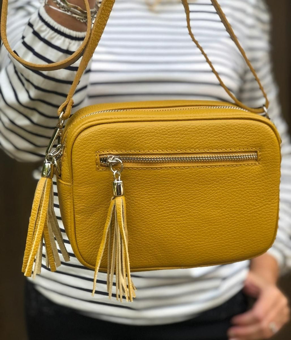 Mustard Leather Tassel Crossbody Camera Bag