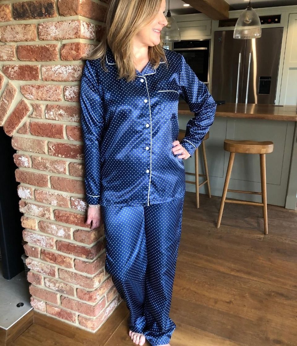 Navy Polka Dot Silky Pyjamas