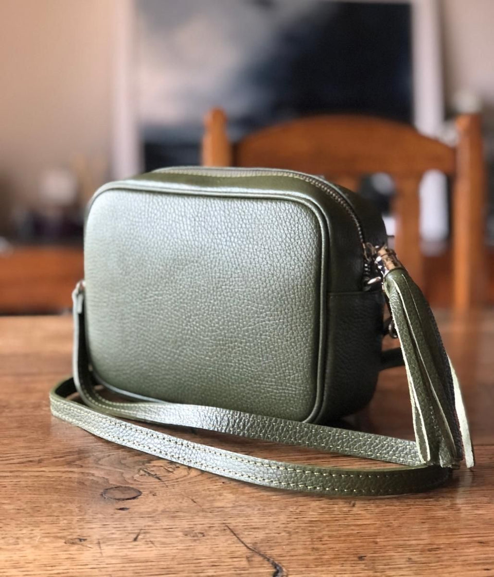 Khaki Leather Tassel Camera Bag