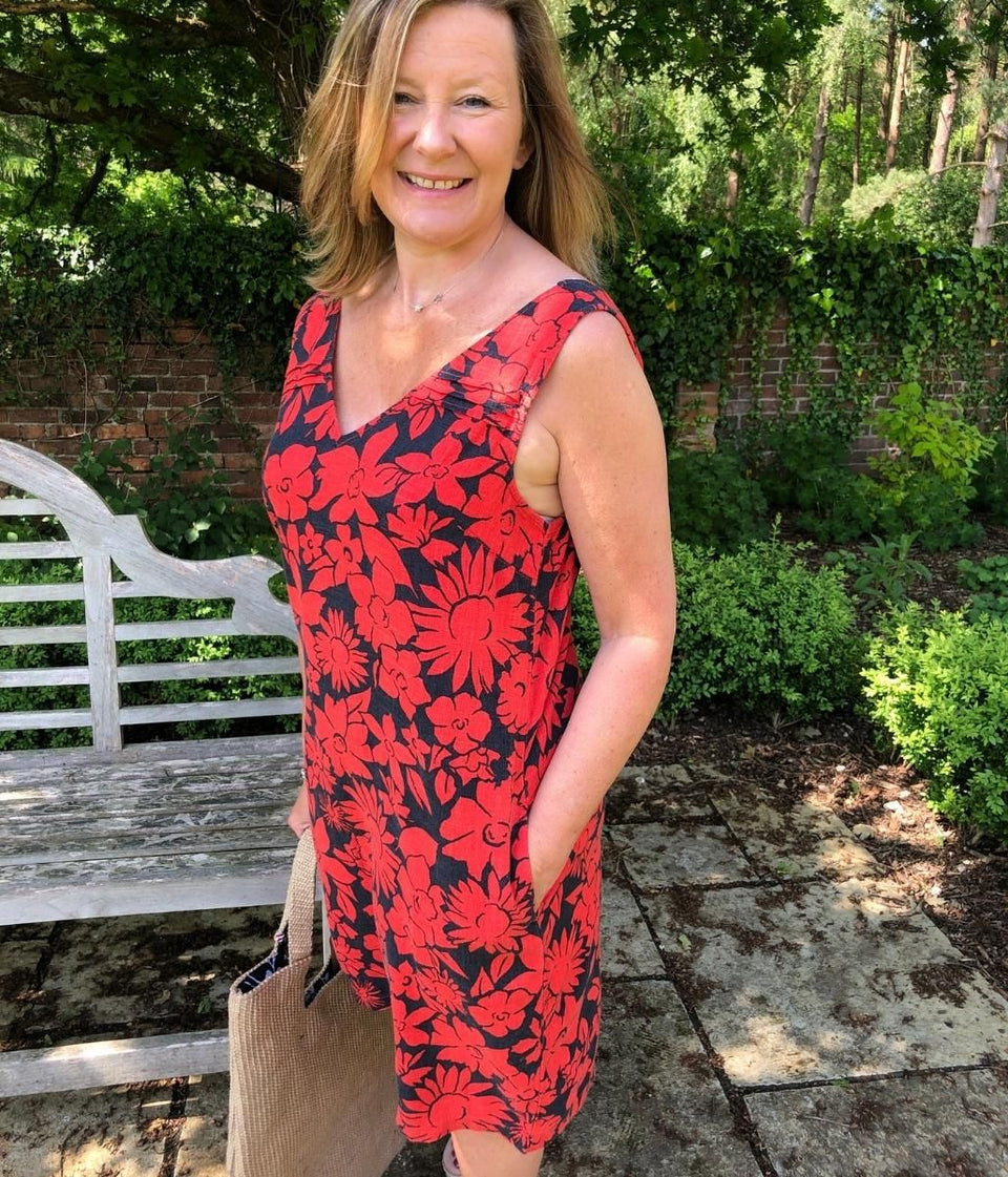 Navy & Red Floral Linen Blend Dress