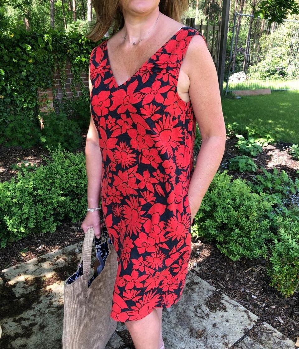 Navy & Red Floral Linen Blend Dress 6