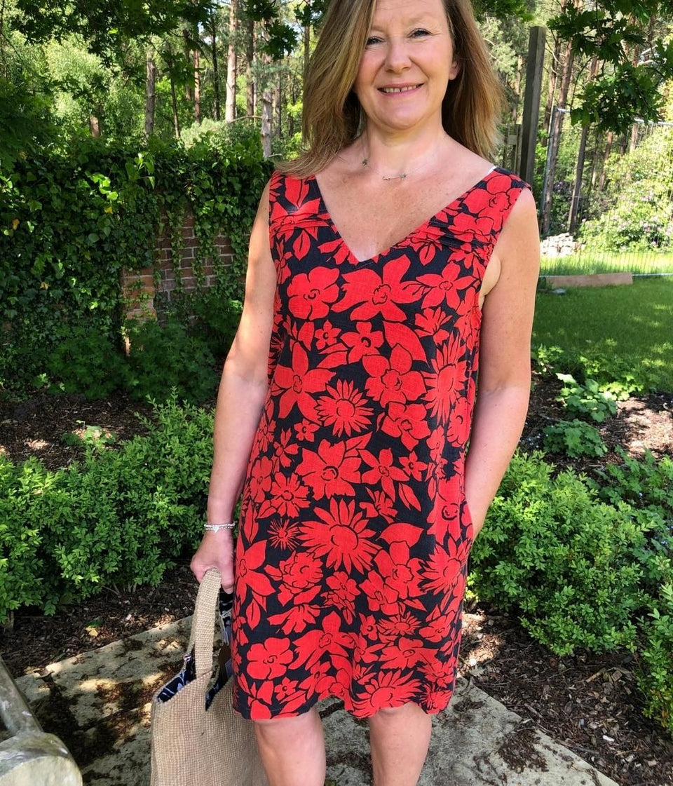 Navy & Red Floral Linen Blend Dress 6