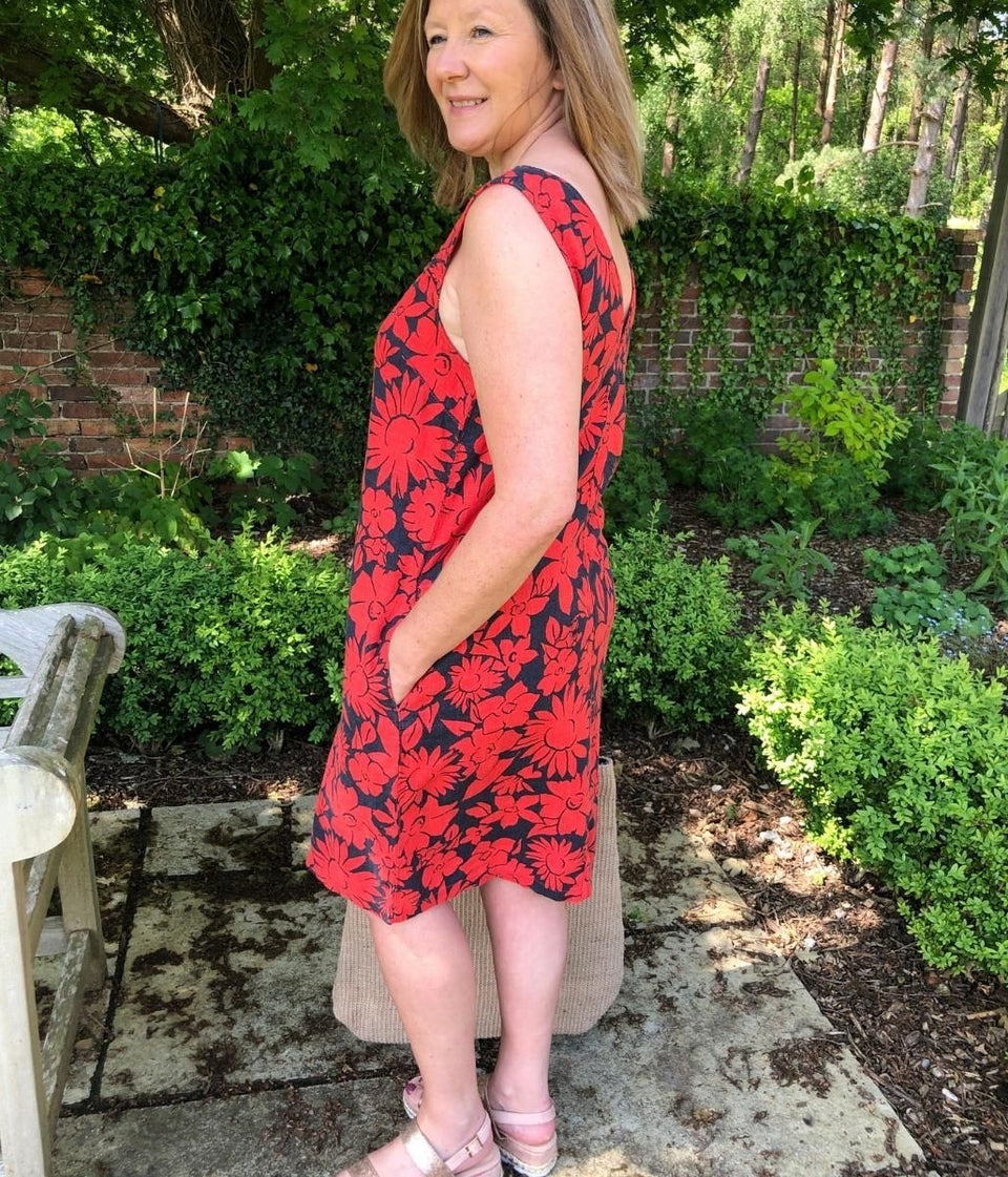 Navy & Red Floral Linen Blend Dress 6