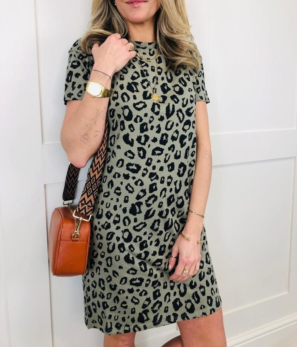 Khaki Cotton Animal Print T Shirt Dress