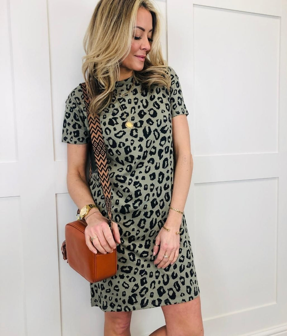 Khaki Cotton Animal Print T Shirt Dress