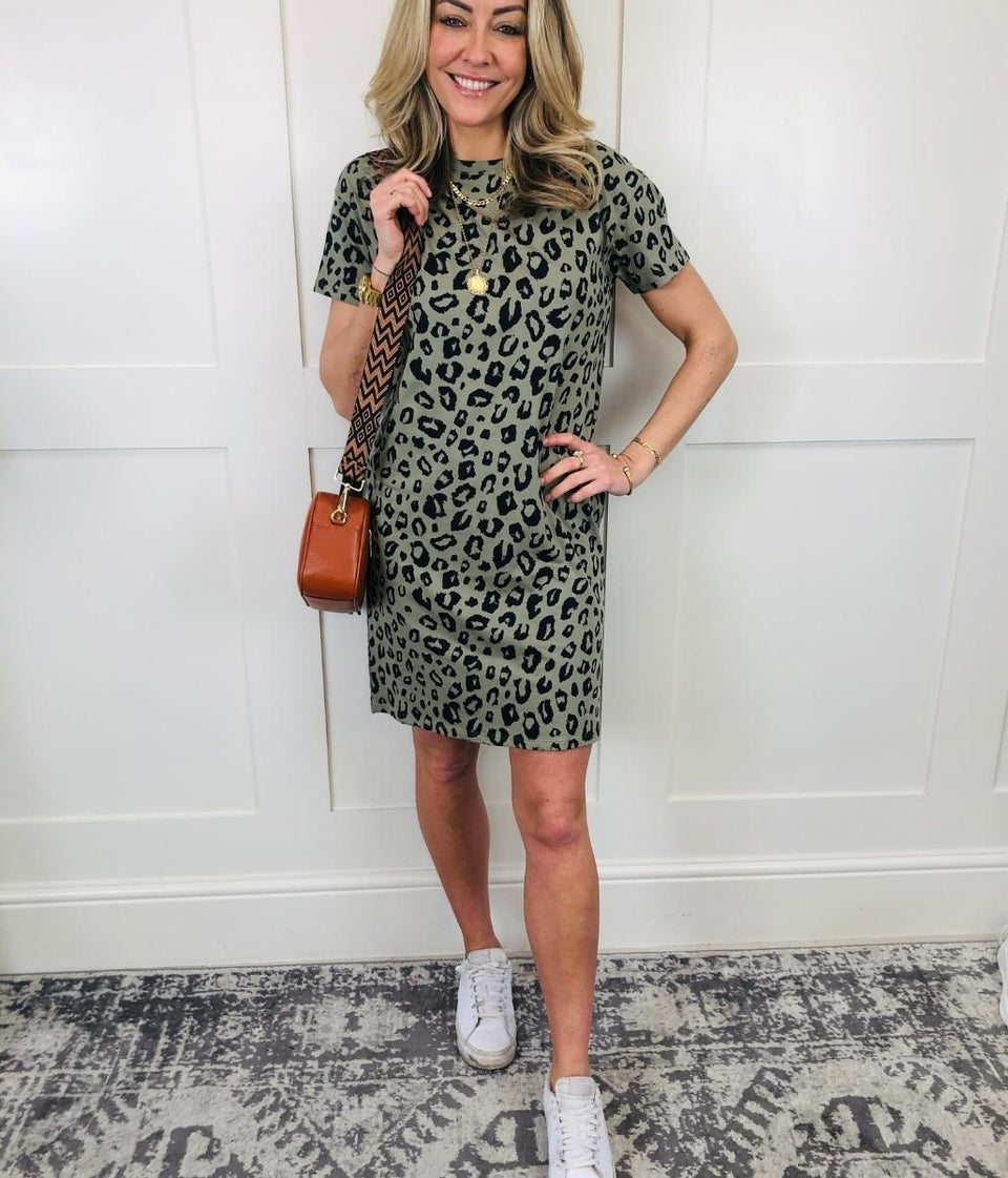 Khaki Cotton Animal Print T Shirt Dress