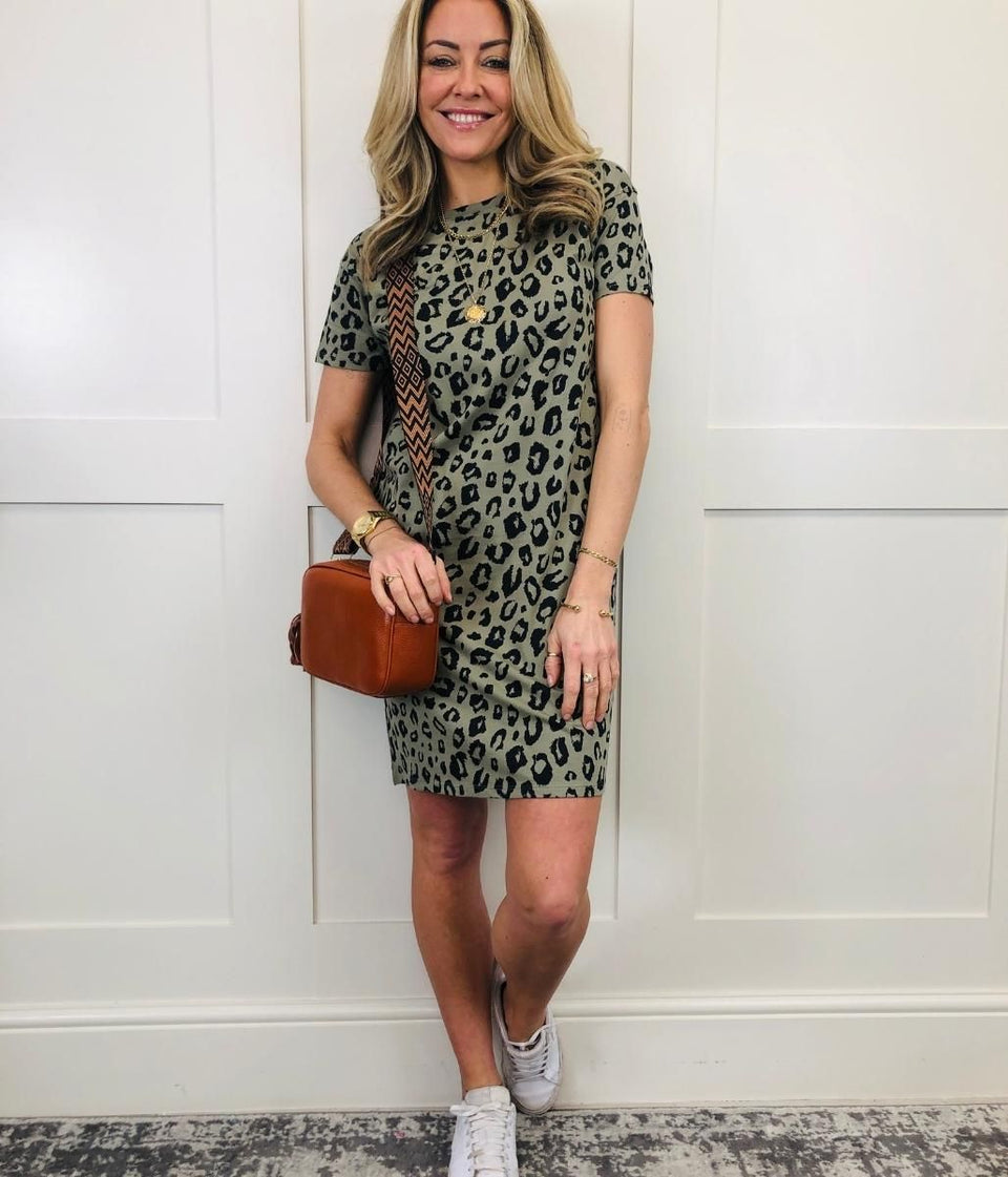 Khaki Cotton Animal Print T Shirt Dress