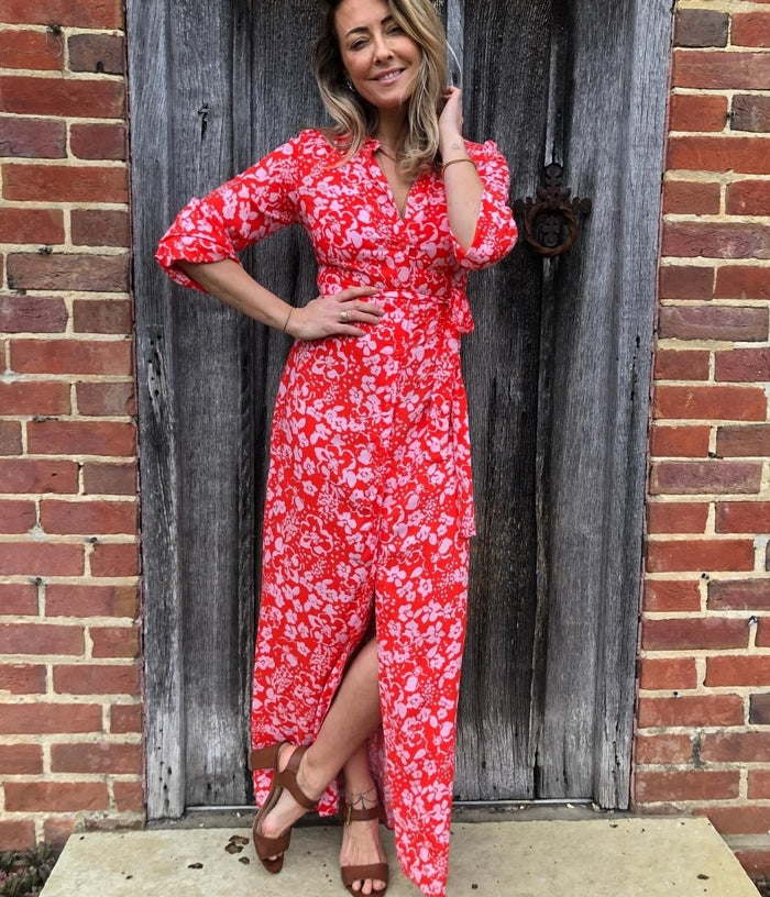 Red floral maxi dress uk Clearance