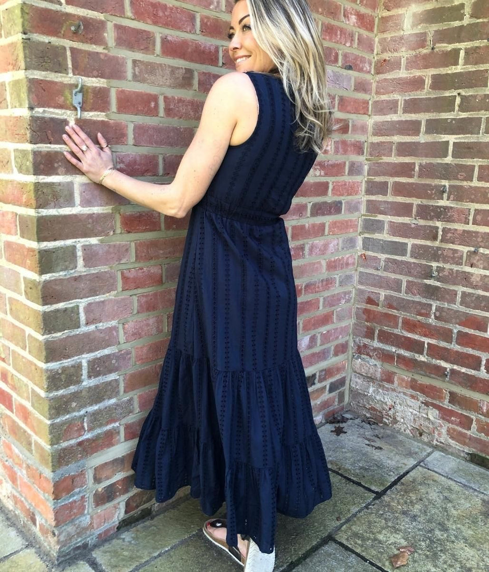 Navy Cotton Embroidered Midi Dress