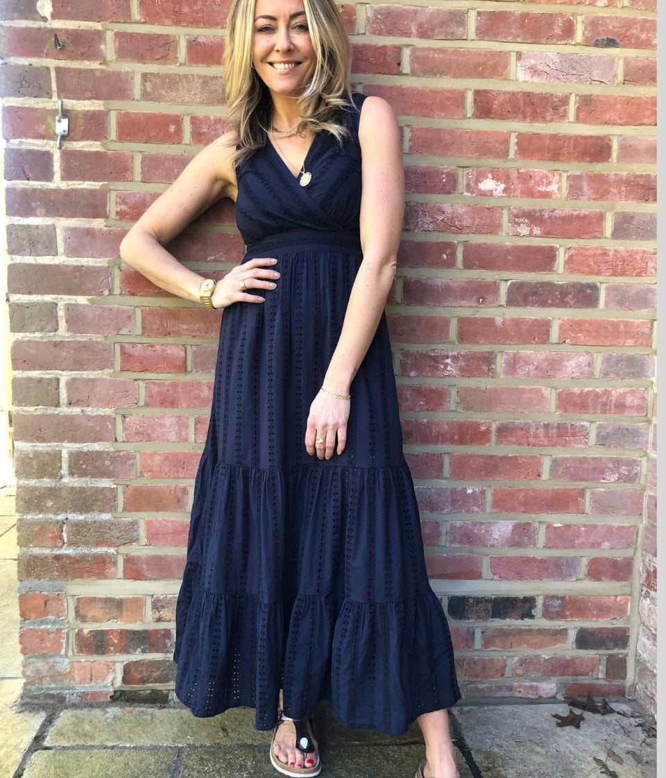 Navy Cotton Embroidered Midi Dress