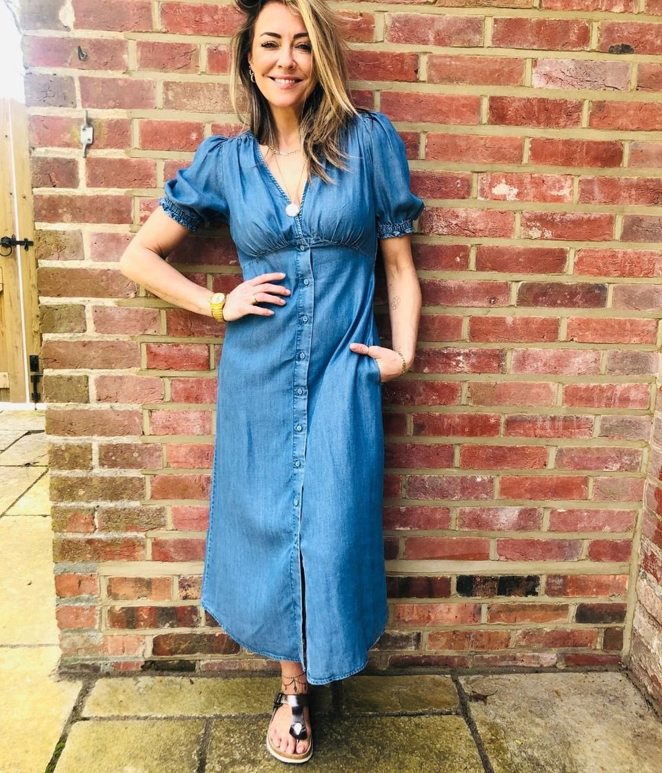 Blue Tencel Button Through Midi Dress